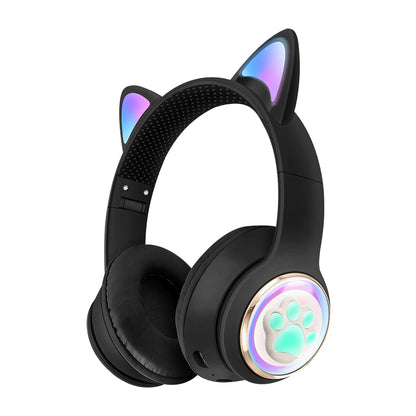 Black cat wireless headphones with glowing rainbow led cat ears and teal paw print noise cancelling kid headset with microphone