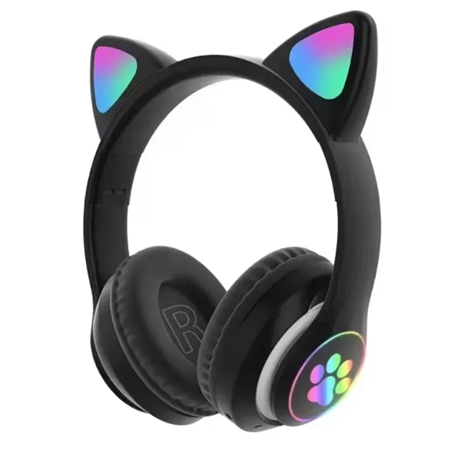 Black cute cat wireless headphones with rainbow led cat ears, microphone noise cancelling, and glowing paw print design