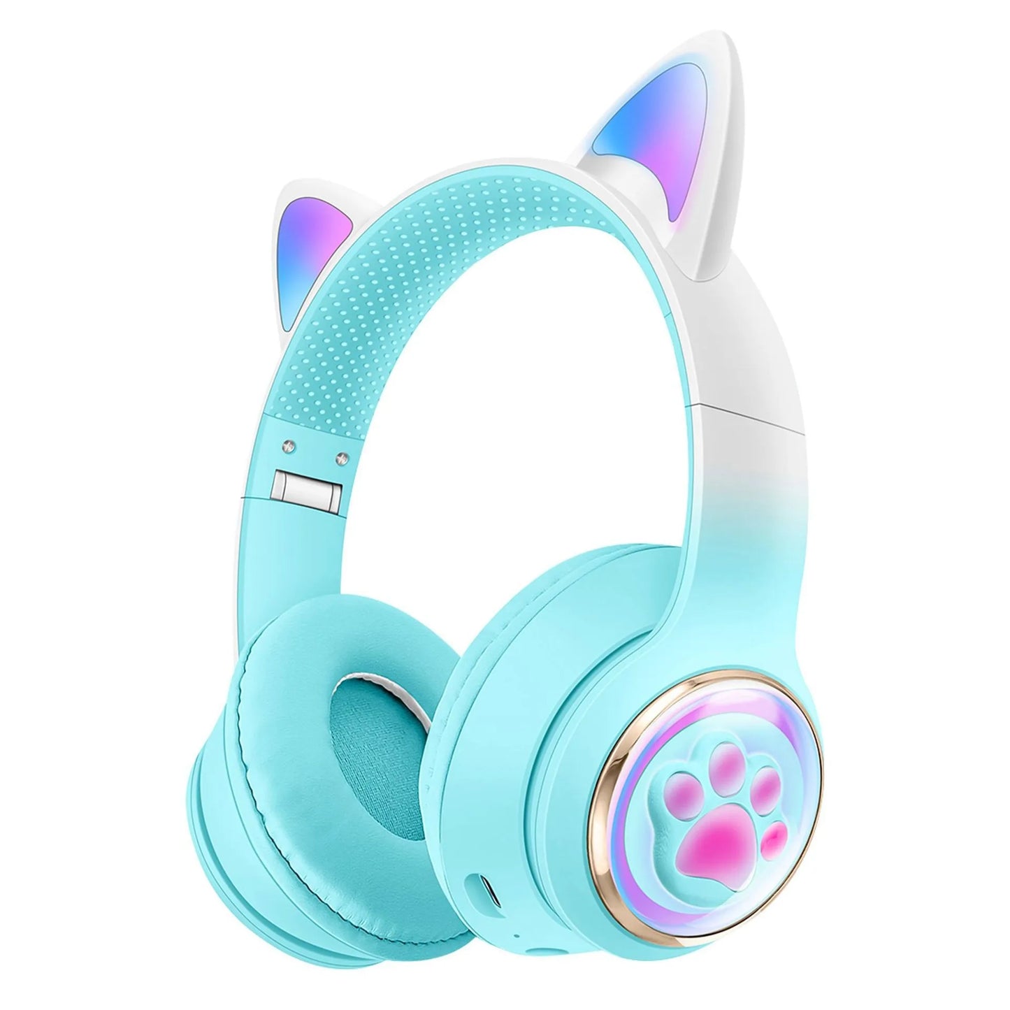Cute light blue cat wireless headphones with microphone noise cancelling and pink paw print for kids gifts