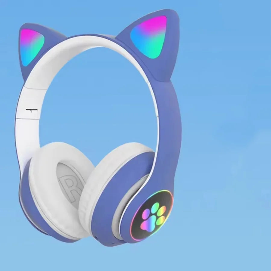Purple and white cute cat wireless headphones with cat ears headset glowing rainbow led lights and microphone noise cancelling