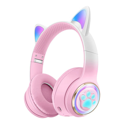 Pink cat wireless headphones with glowing paw print design, microphone noise cancelling, ideal noise cancelling kid headset