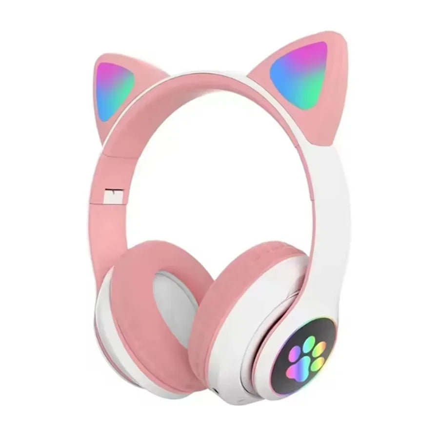 Pink and white cute cat wireless headphones with cat ears headset, rainbow led lights, paw print, and microphone noise cancelling