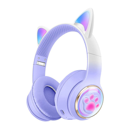 Purple and white cat wireless headphones with microphone noise cancelling and glowing rainbow accents for kids