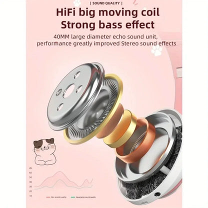 40mm large diameter hifi moving coil speaker with metallic silver and gold components in cute cat wireless cat ears headset with microphone noise cancelling