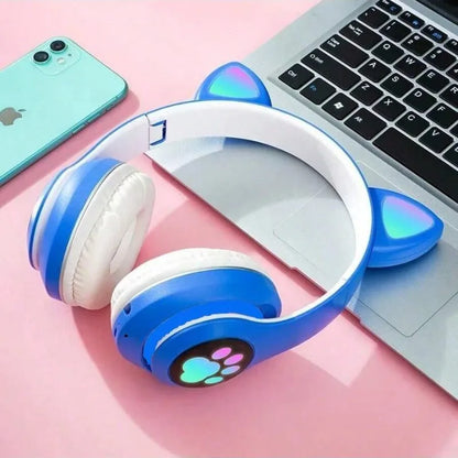 Blue and white cute cat wireless headphones with glowing paw print lights and microphone noise cancelling for kids