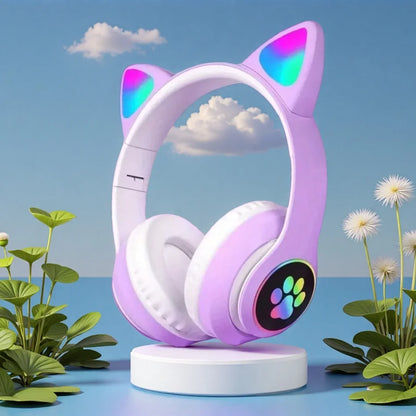Pastel purple cute cat wireless headphones with rainbow led cat ears and microphone noise cancelling for kids