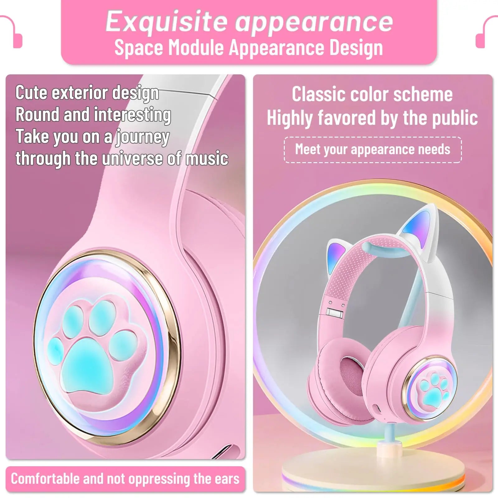 Pink cat wireless headphones with glowing blue paw print accents and microphone noise cancelling for kids