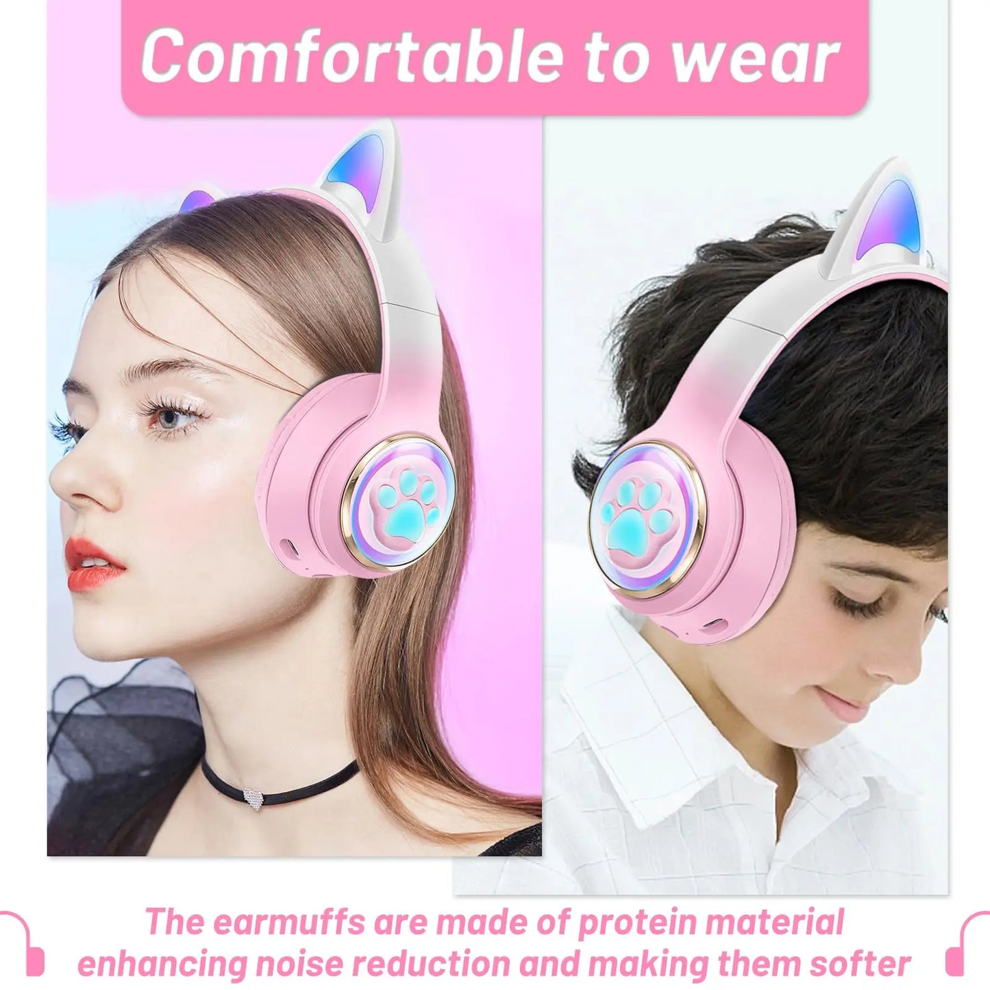 Pink cat wireless headphones with glowing blue paw print accents, soft protein earmuffs, microphone noise cancelling for kids