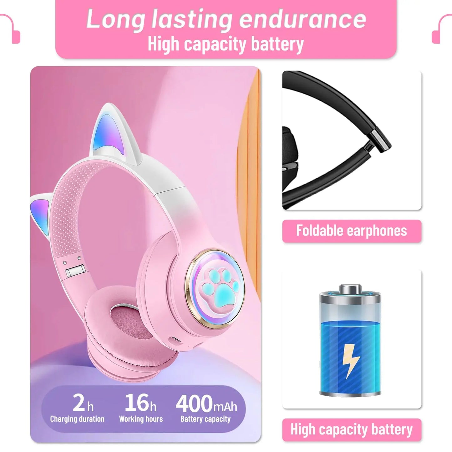 Pink cat wireless headphones with glossy finish, microphone noise cancelling, and illuminated paw print for kids