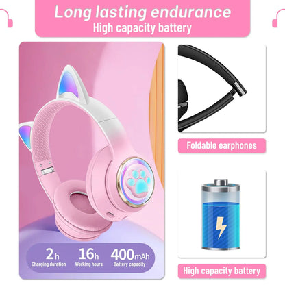 Pink cat wireless headphones with glossy finish, microphone noise cancelling, and illuminated paw print for kids