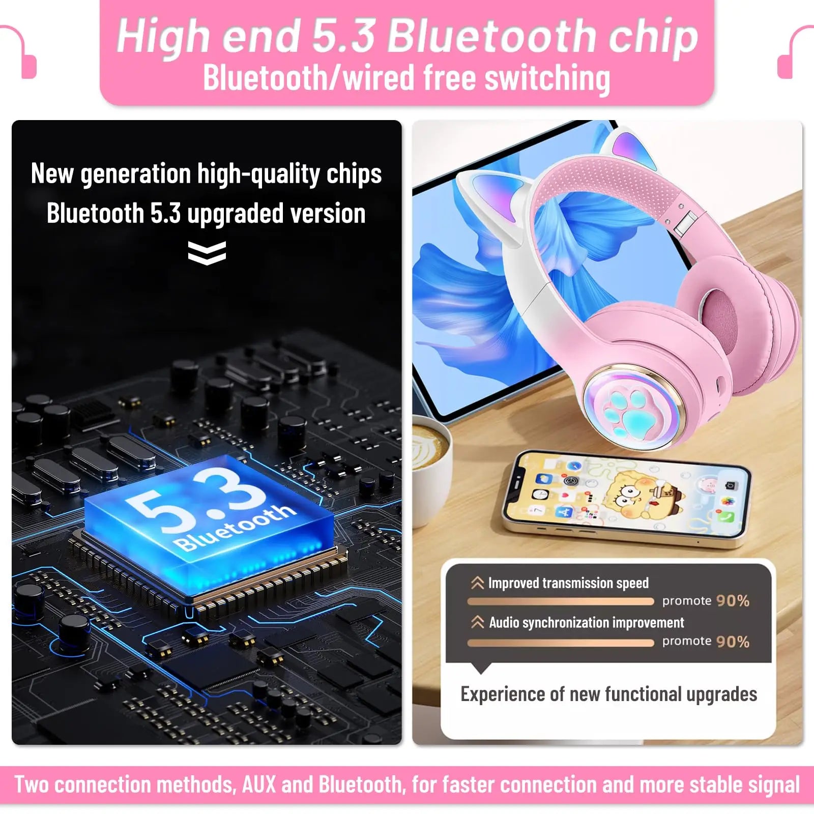Pink cat wireless headphones with soft plush exterior glowing paw print rgb microphone noise cancelling kid headset