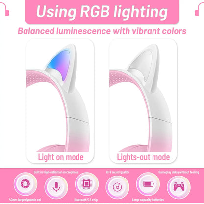Pink and white cat wireless headphones with rgb lighting noise cancelling kid microphone noise cancelling headset