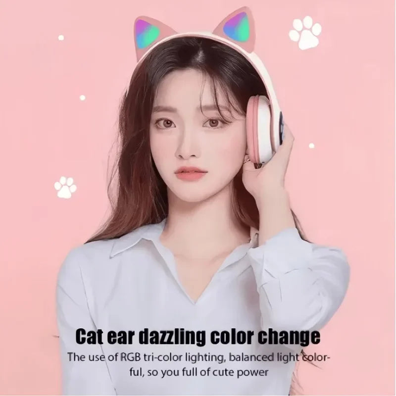 Pink and white cute cat wireless headphones with rainbow led lighting and microphone noise cancelling for kids