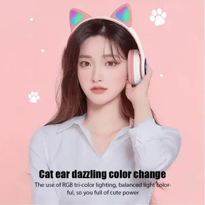 Pink and white cute cat wireless headphones with rainbow led lighting and microphone noise cancelling for kids