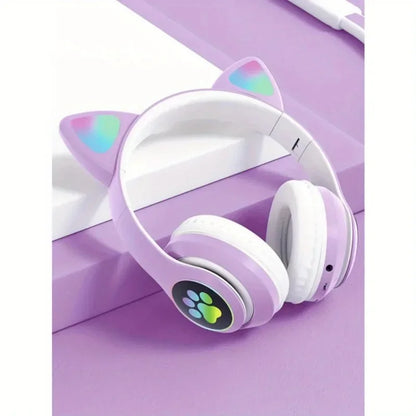 Purple cute cat wireless headphones with glowing RGB cat ears headset and microphone noise cancelling for kids