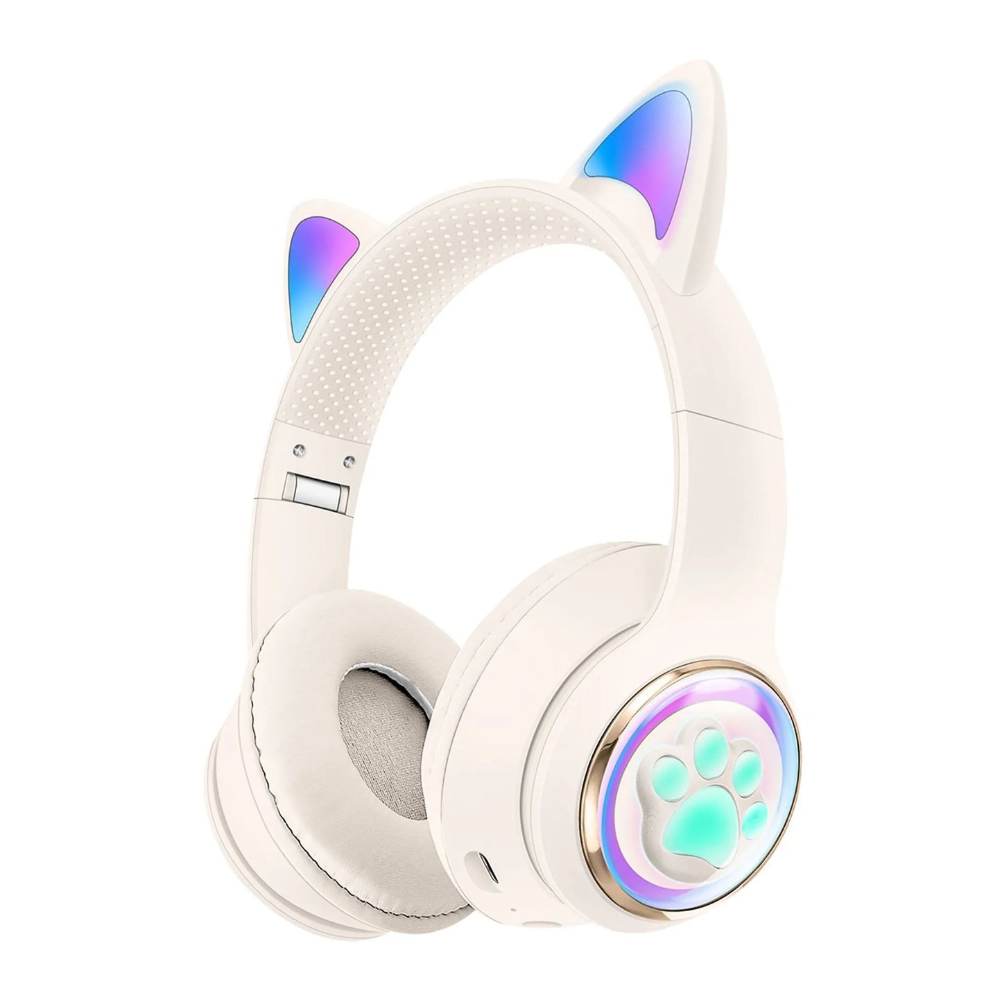 White cat wireless headphones with glowing paw print cat ears microphone noise cancelling kid stereo headset