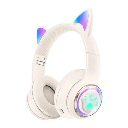 White cat wireless headphones with glowing paw print cat ears microphone noise cancelling kid stereo headset