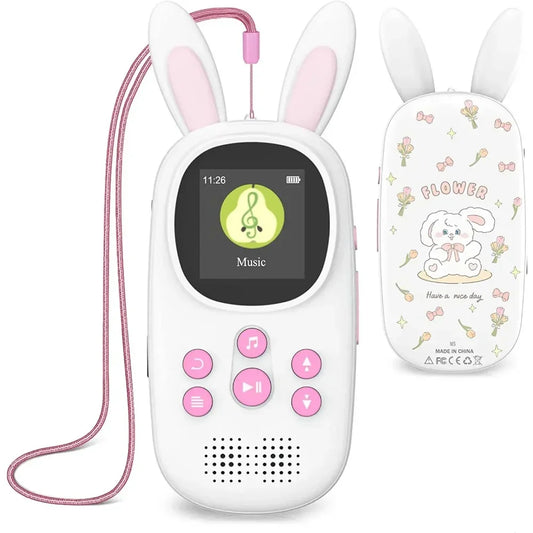 White and pink bunny-themed kids mp3 player with 32gb bluetooth speaker radio voice recorder and soft-touch buttons