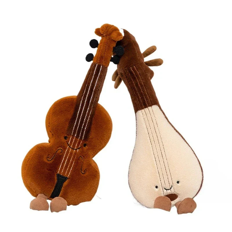 Cute musical plush soft violin 30cm and guitar pipa tuning fork in brown and cream with embroidered faces