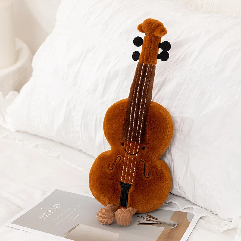 Cute musical plush soft brown violin with black embroidered details and smiling face perfect as a kid music gift