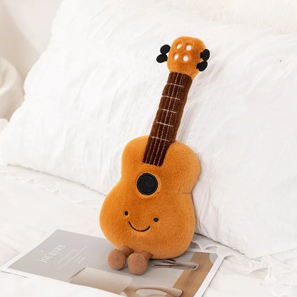 Orange plush cute musical plush ukulele with smiling face black soundhole and brown corduroy neck toy gift for kids