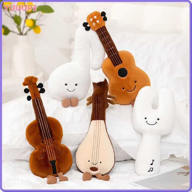 Cute musical plush toys soft violin guitar and pipa tuning fork stuffed dolls in soft brown and white with smiling faces