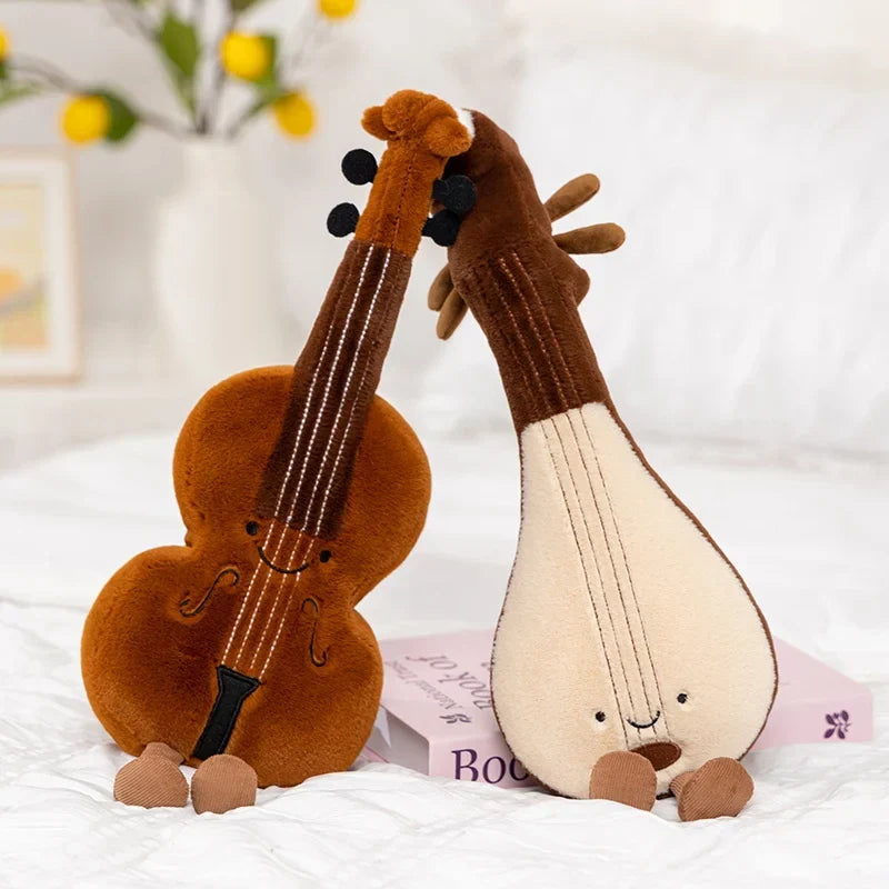 Cute musical plush soft violin guitar and pipa tuning fork made of brown and cream fabric with embroidered faces