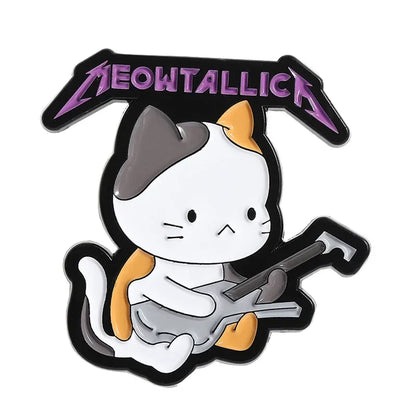 A purple and black enamel pin of a cartoon calico cat playing guitar under meowtallica logo rock band cats lapel badge