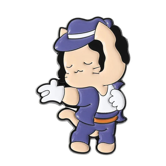 Purple cat rock band cats enamel pin wearing blue hat white gloves and orange belt music kitten brooches backpack lapel badge