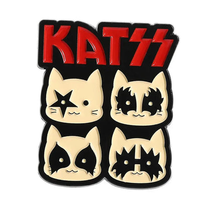 A cream-colored enamel pin featuring rock band cats with kiss makeup and red kiss logo for music kitten brooches backpack lapel badge