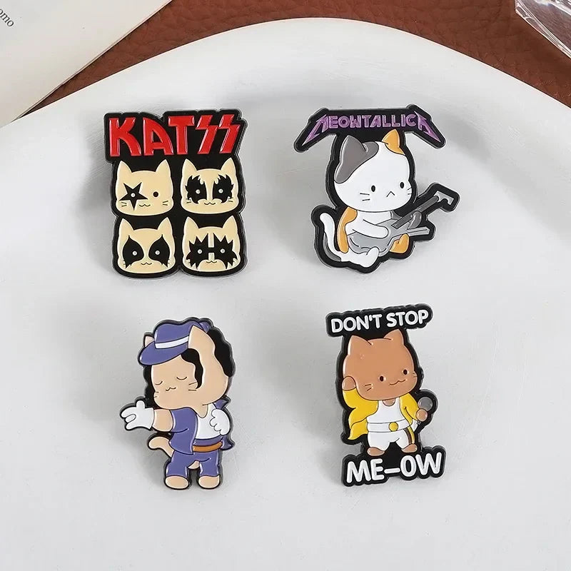 Set of four colorful cartoon cat-themed enamel pins featuring rock band cats music kitten brooches for backpack lapel badge