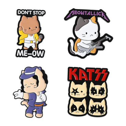 Set of four colorful enamel music kitten brooches featuring rock band cats in iconic rock star designs for backpack lapel badge