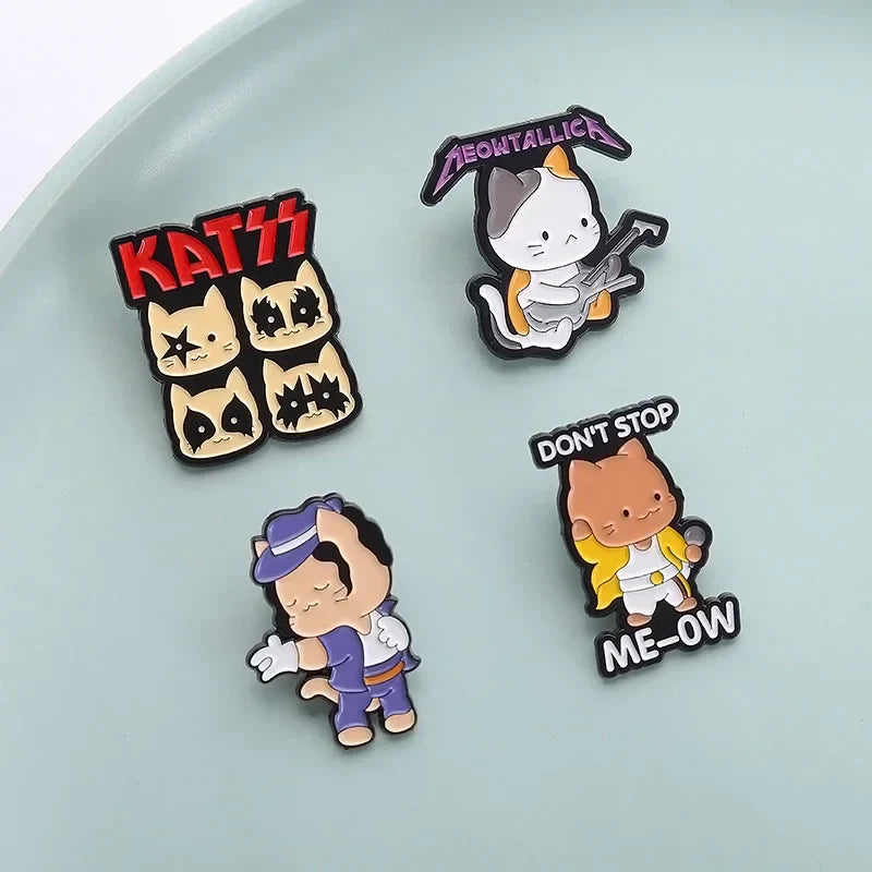 Set of four colorful cartoon cat-themed rock band cats enamel pins as music kitten brooches and backpack lapel badge