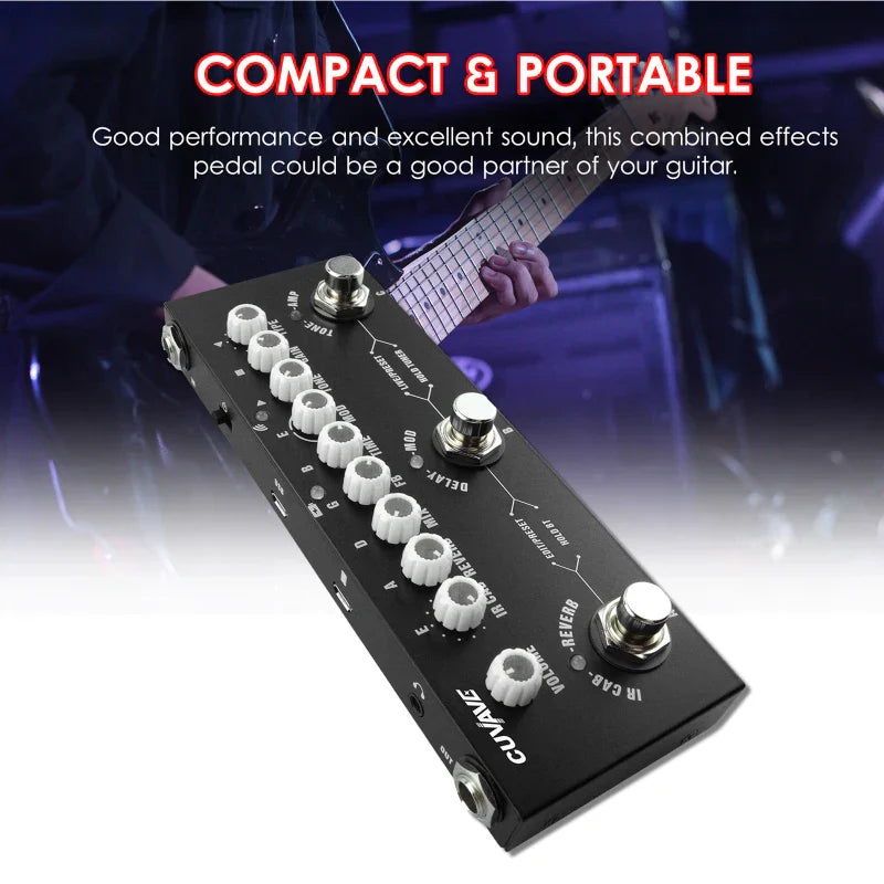 Black cuvave cube baby combined effect pedal with white knobs and silver footswitches featuring wireless music playback