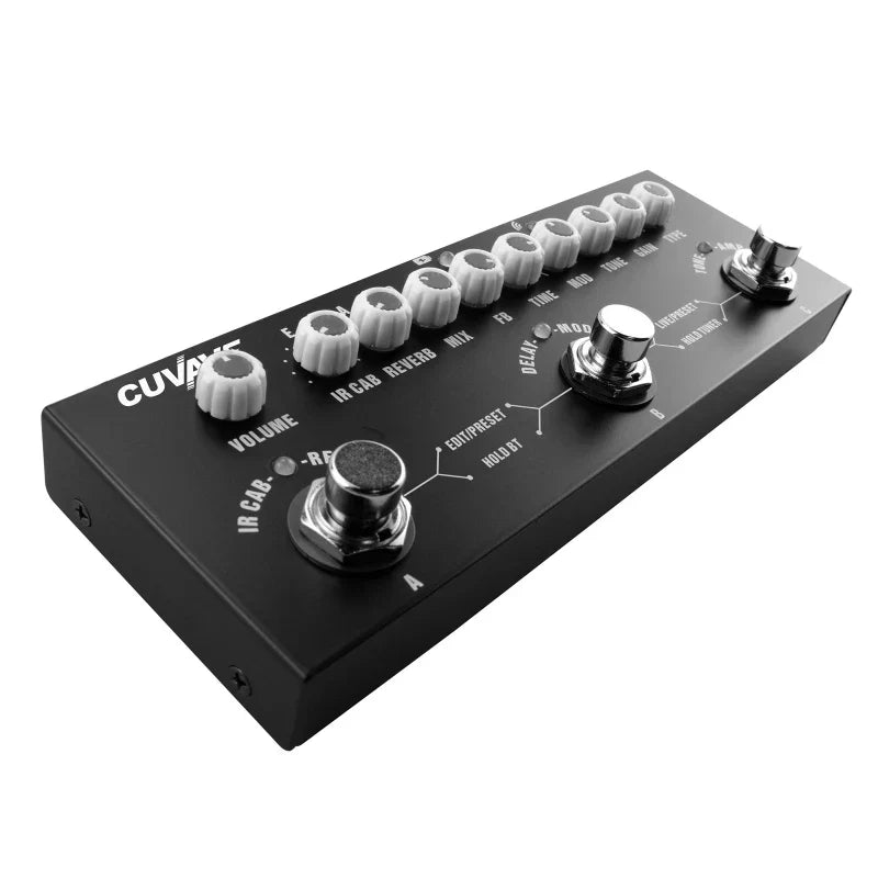 Black cuvave cube baby combined effect pedal with white and silver knobs and wireless music playback for guitar use