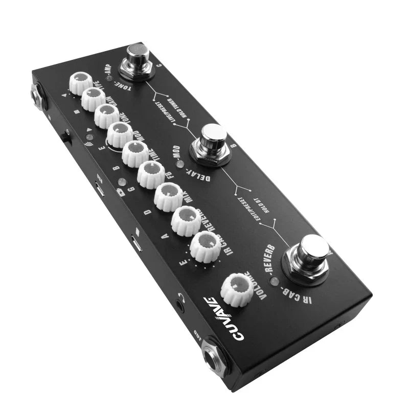 Black cuvave cube baby combined effect pedal with white knobs silver footswitches for wireless music playback and recording