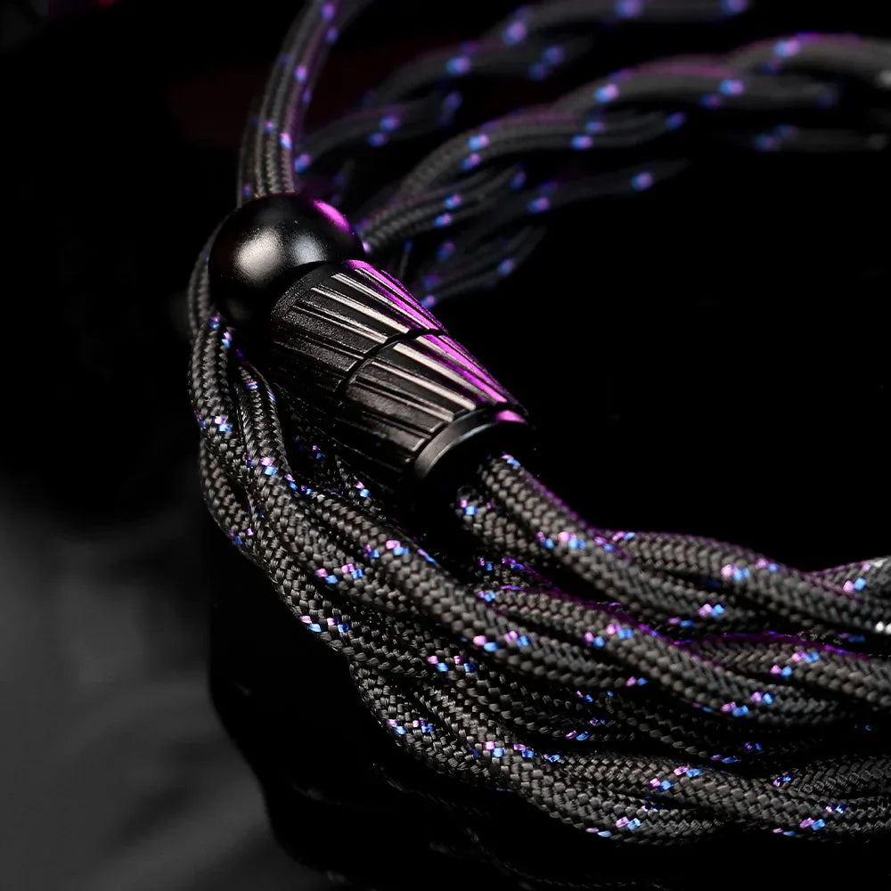 Black braided cord with iridescent flecks and matte black ridged clasp on cvj vivian headphones 078mm detachable cable dynamic driver