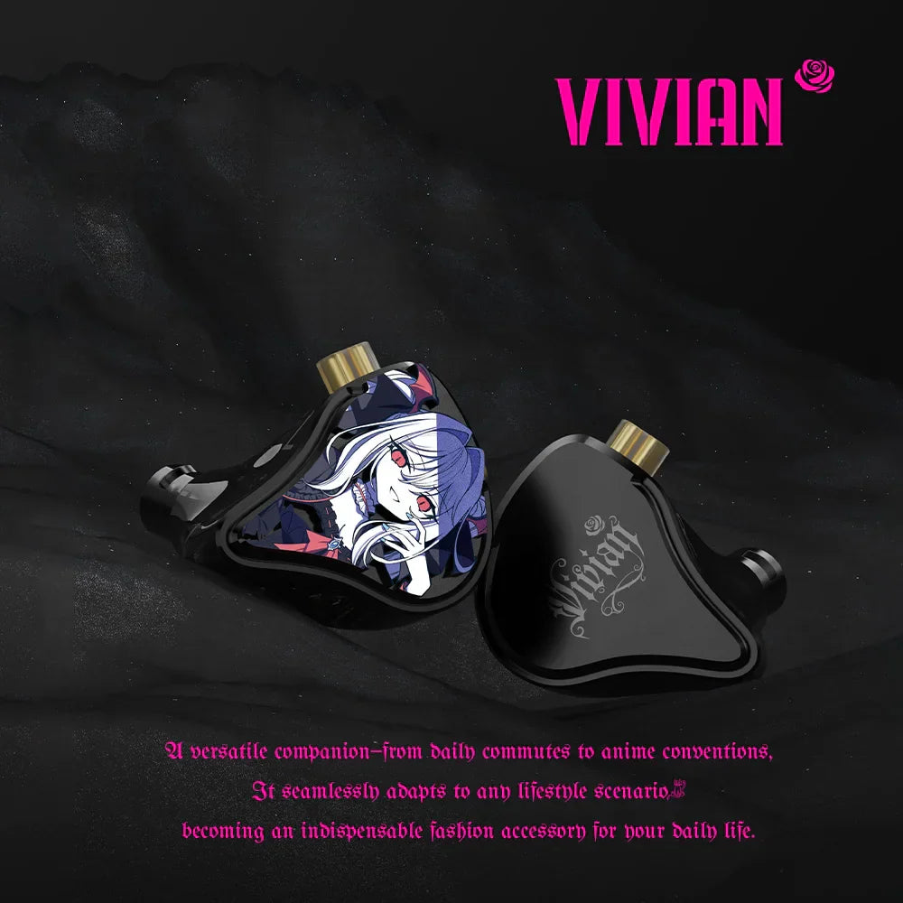 Black cvj vivian headphones featuring anime design white hair red eyes gold fittings 0.78mm detachable cable dynamic driver