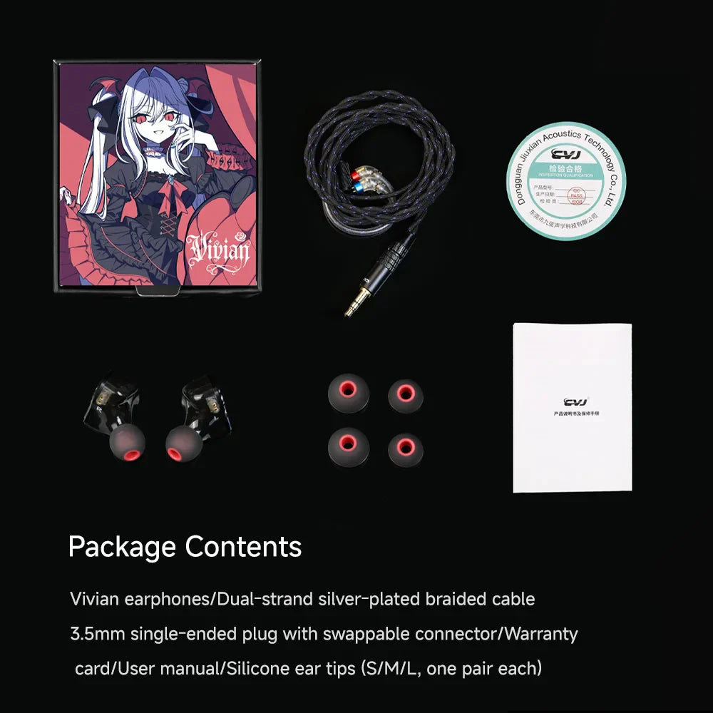 Black and silver inlaid cvj vivian headphones with 10mm dynamic driver and 0.78mm detachable dual-strand braided cable