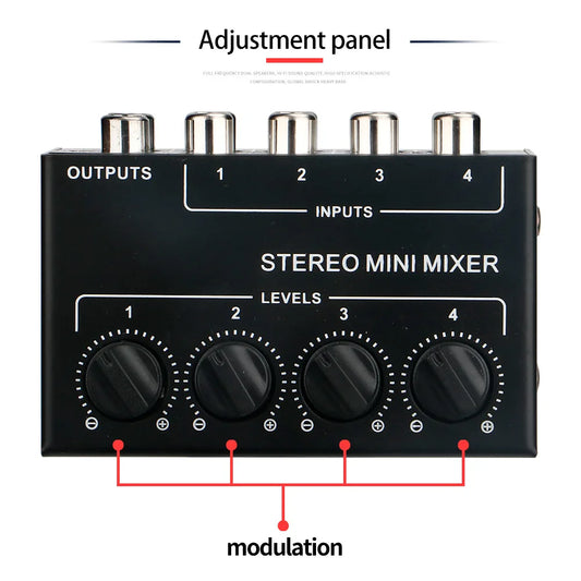 Black cx400 mini passive stereo mixer with four level knobs and four rca input output jacks for studio dj equipment