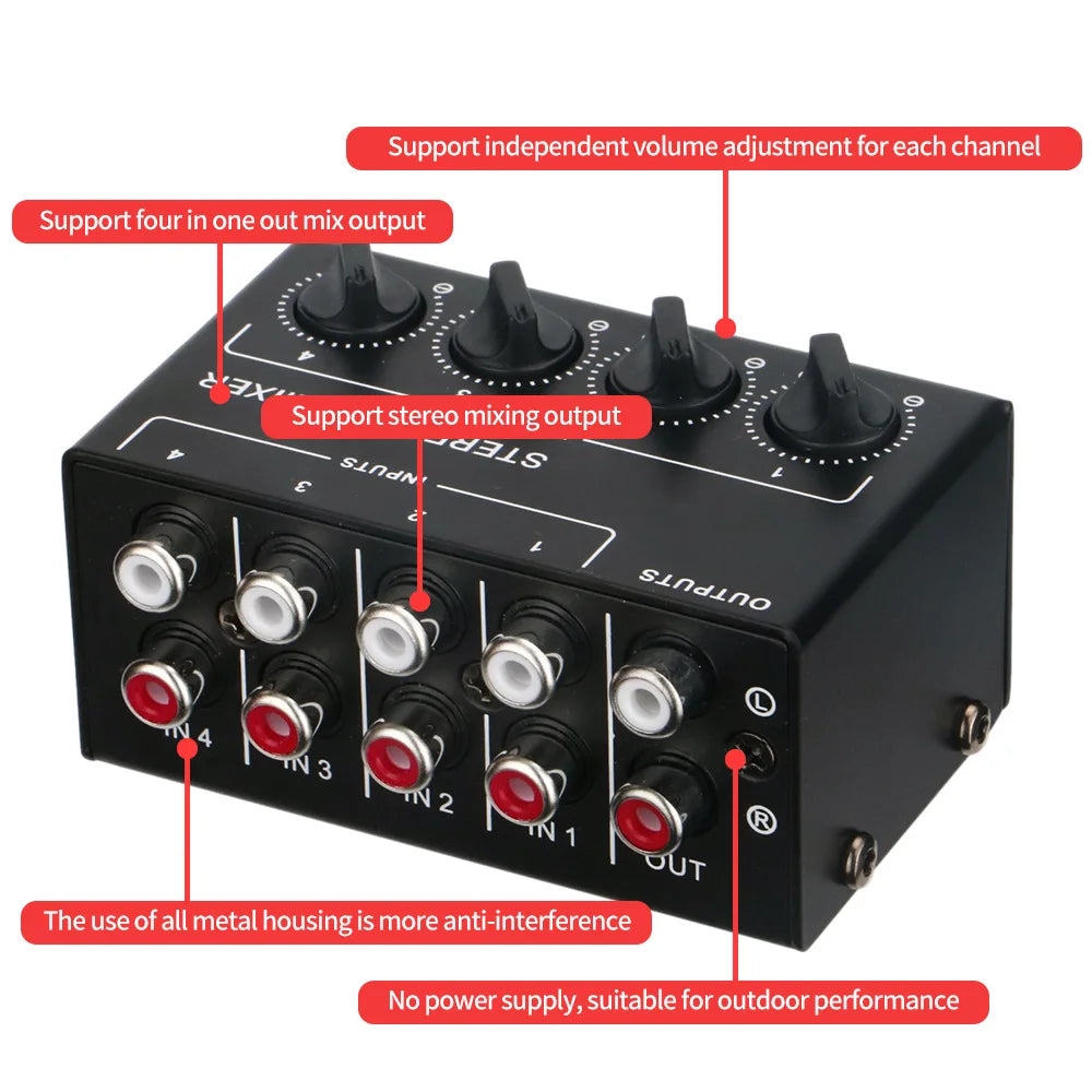 Black metal cx400 mini passive stereo mixer with four input and one output jacks for studio dj equipment use
