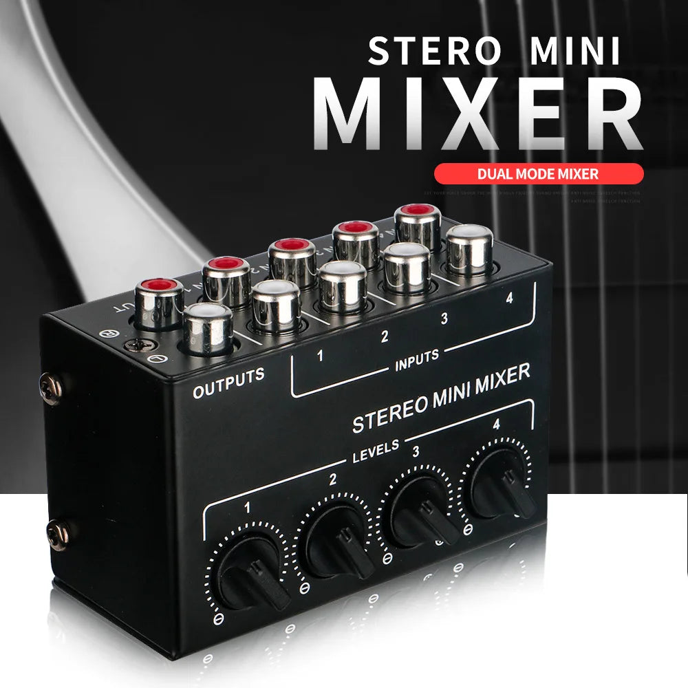 Black CX400 mini passive stereo mixer with silver RCA jacks and black knobs for studio DJ equipment use