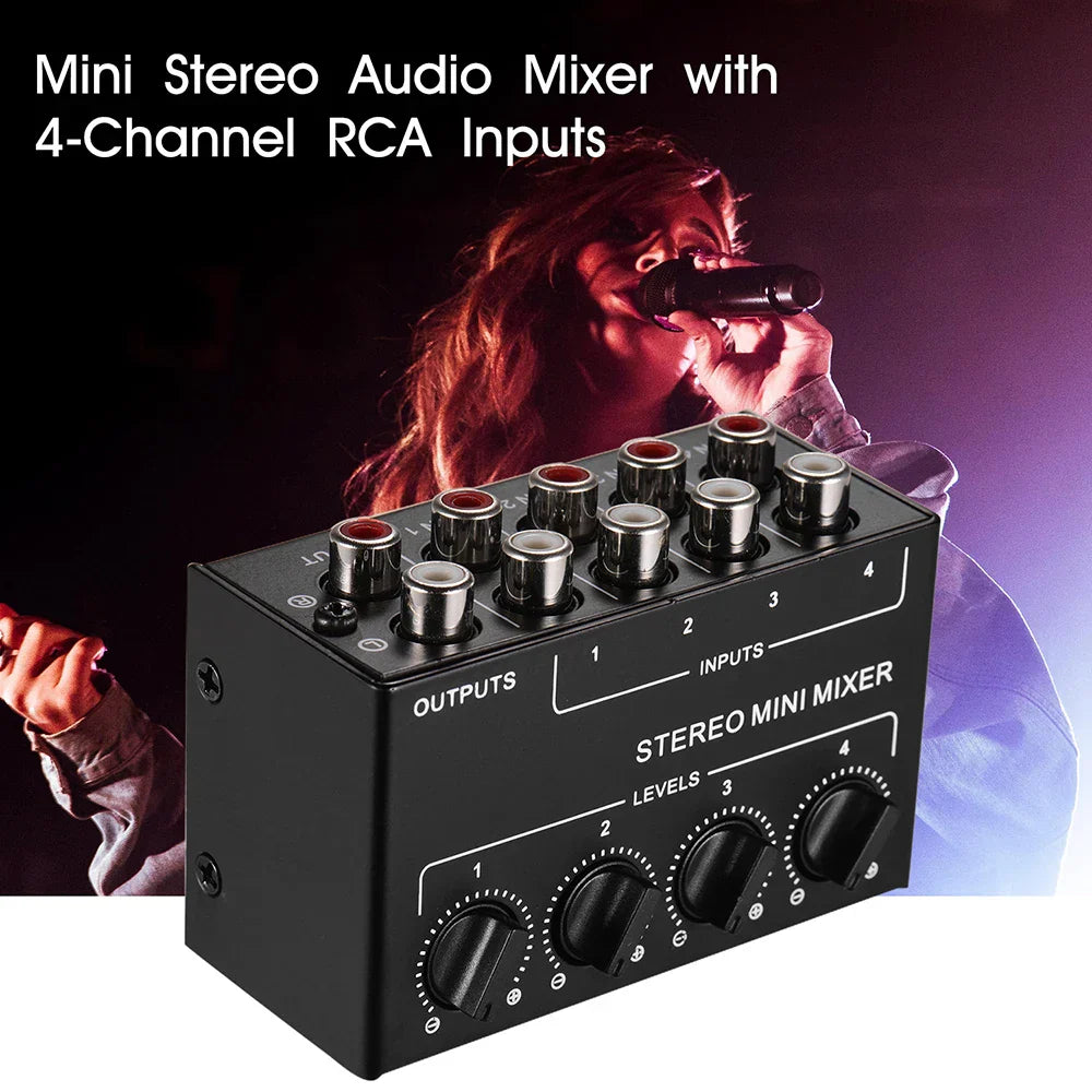 Black cx400 mini passive stereo mixer with four rca inputs and volume knobs for studio dj equipment use