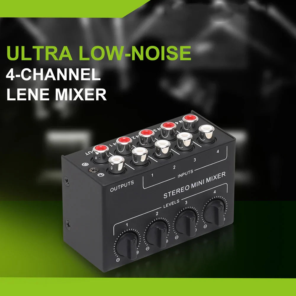 Black cx400 mini passive stereo mixer with four red silver rca jacks and three black rotary knobs for dj equipment