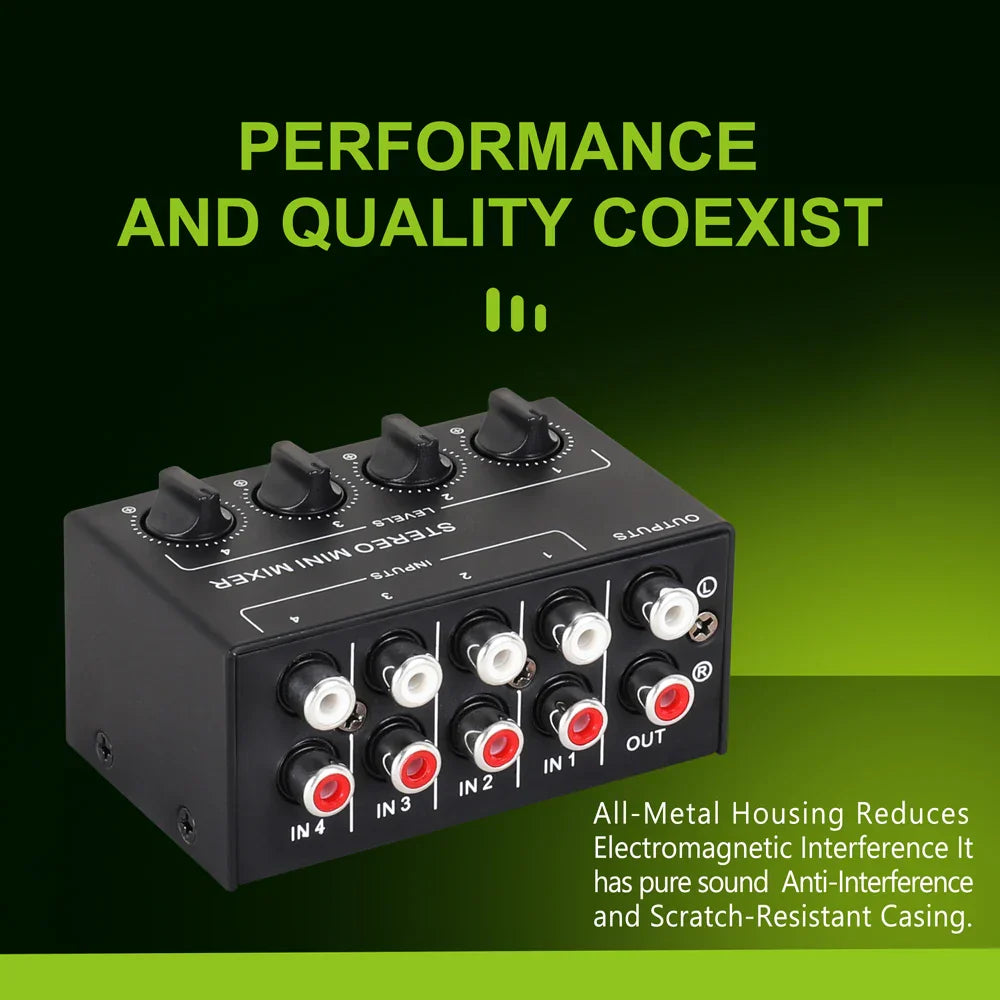 Black all-metal cx400 mini passive stereo sound mixer with rca jacks and rotary knobs for studio dj equipment