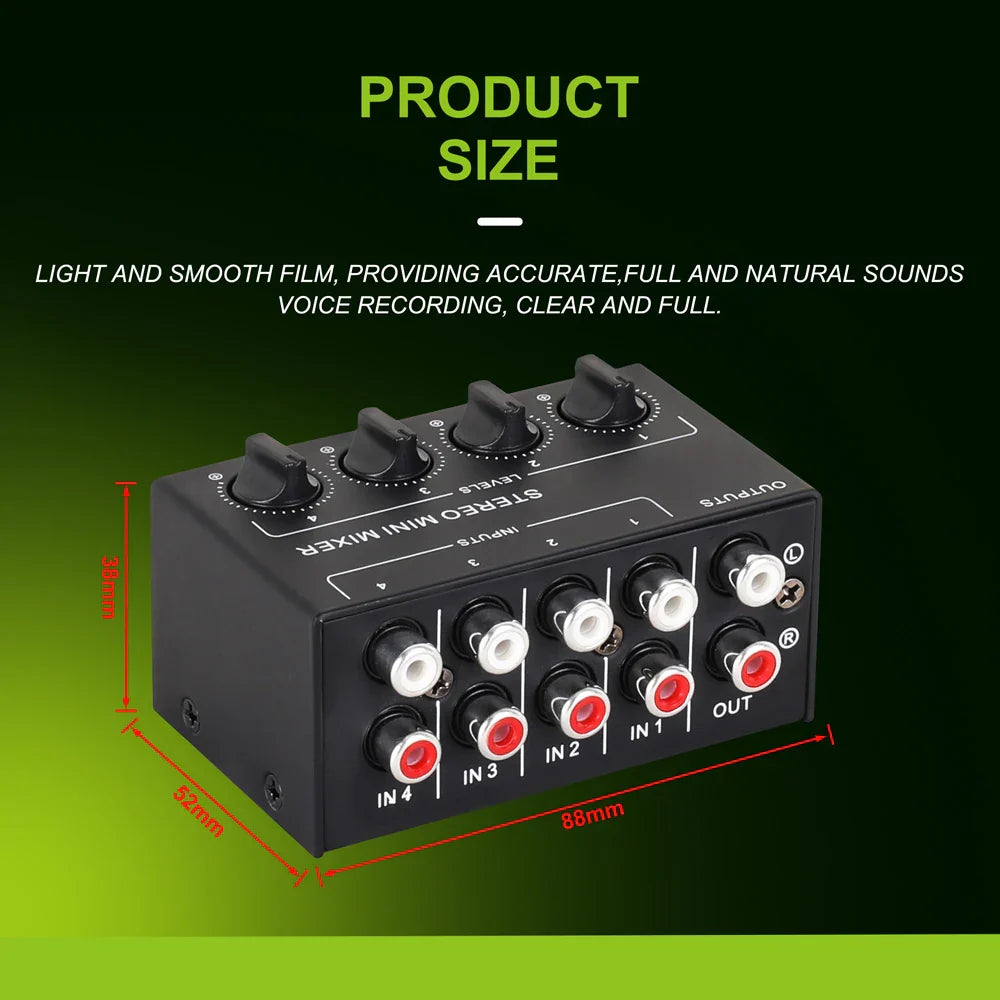Black cx400 mini passive stereo sound mixer with four rca input jacks and two rca output jacks for studio dj equipment