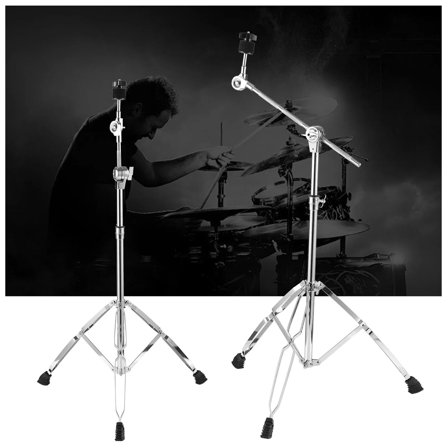 Chrome finished boom cymbal stand with double braced legs black rubber feet and adjustable swivel head for stability