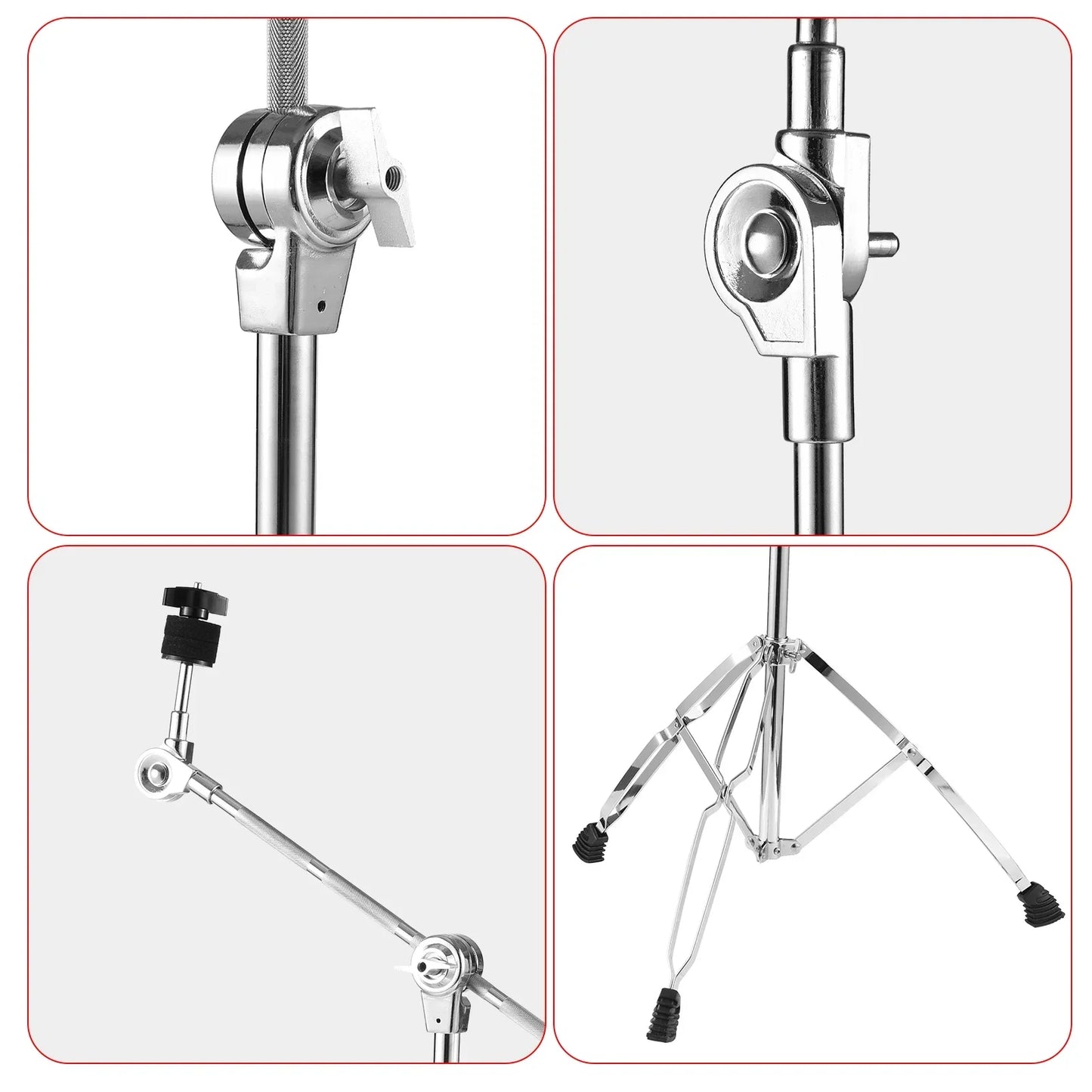 Chrome finished boom cymbal stand with adjustable arms, double braced legs, and black rubber feet for stable support