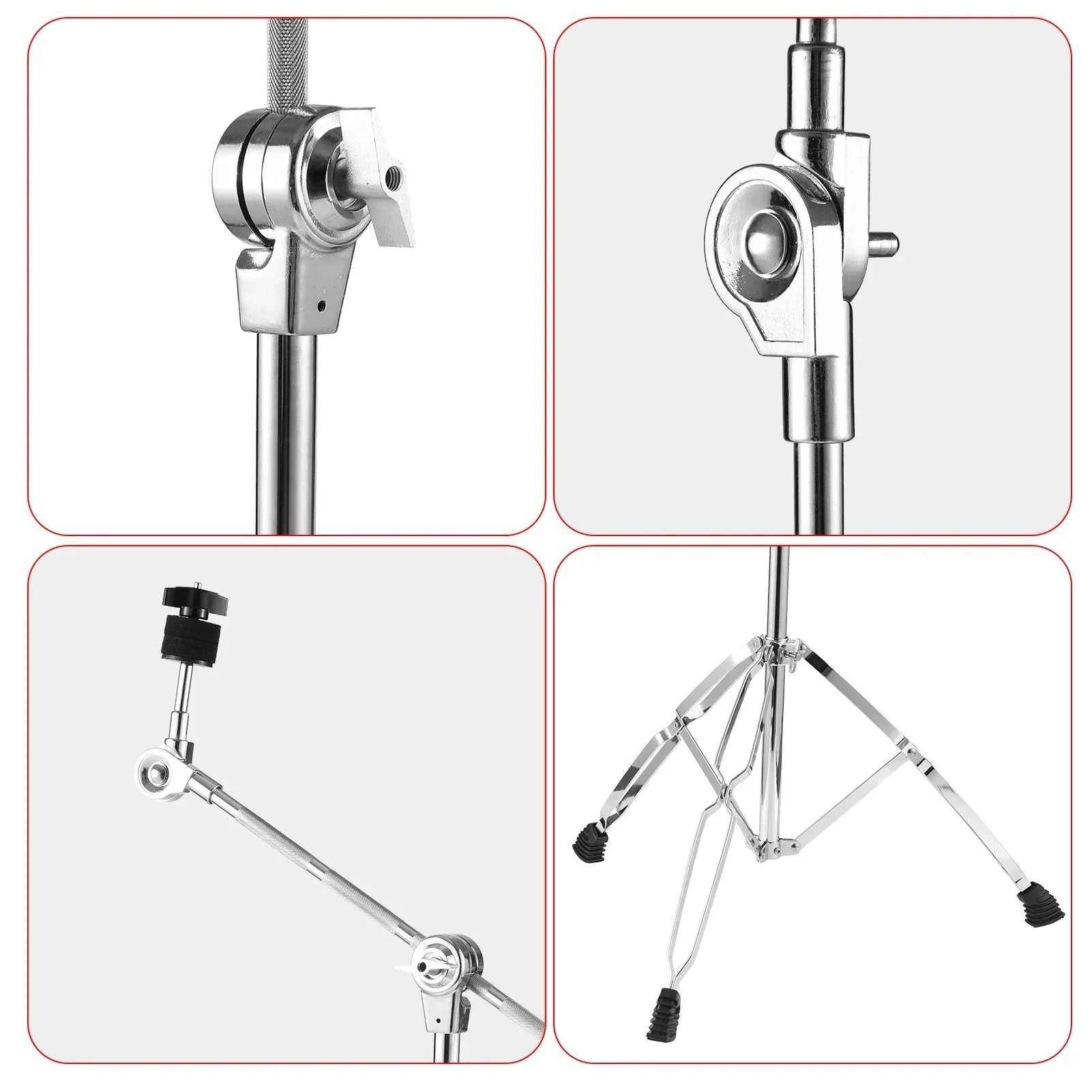 Chrome finished boom cymbal stand with adjustable arms, double braced legs, and black rubber feet for stable support