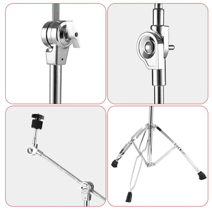 Chrome finished boom cymbal stand with adjustable arms, double braced legs, and black rubber feet for stable support